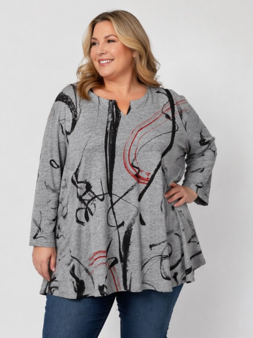 Jess & Jane Top Womens 3X Abstract Print Tunic Gray USA Stretch Long Sleeve Plus
